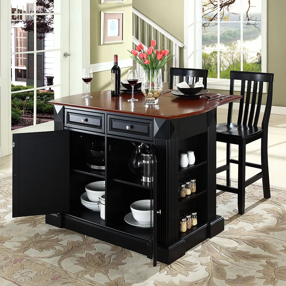 Crosley Furniture 3-piece Drop-Leaf Kitchen Island & School House Counter Chair Set 4 Crosley Furniture 3-piece Drop-Leaf Kitchen Island & School House Counter Chair Set - Image 2