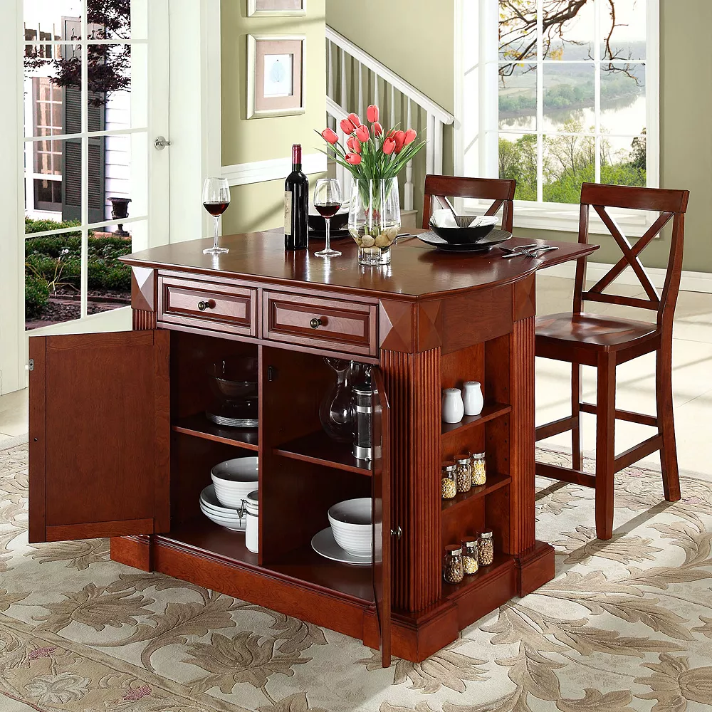 Crosley Furniture 3-piece Drop-Leaf Kitchen Island & X-Back Counter Chair Set 4 Crosley Furniture 3-piece Drop-Leaf Kitchen Island & X-Back Counter Chair Set - Image 2