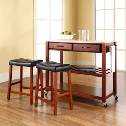 Crosley Furniture 3-piece Wood Top Kitchen Island Cart & Counter Stool Set