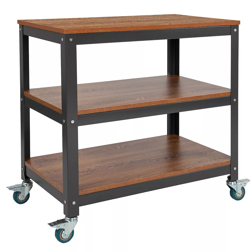 Emma+Oliver Emma And Oliver 30"W Rolling Storage Cart With Metal Wheels In Brown Oak Wood Grain Finish 3 Emma+Oliver Emma And Oliver 30"W Rolling Storage Cart With Metal Wheels In Brown Oak Wood Grain Finish