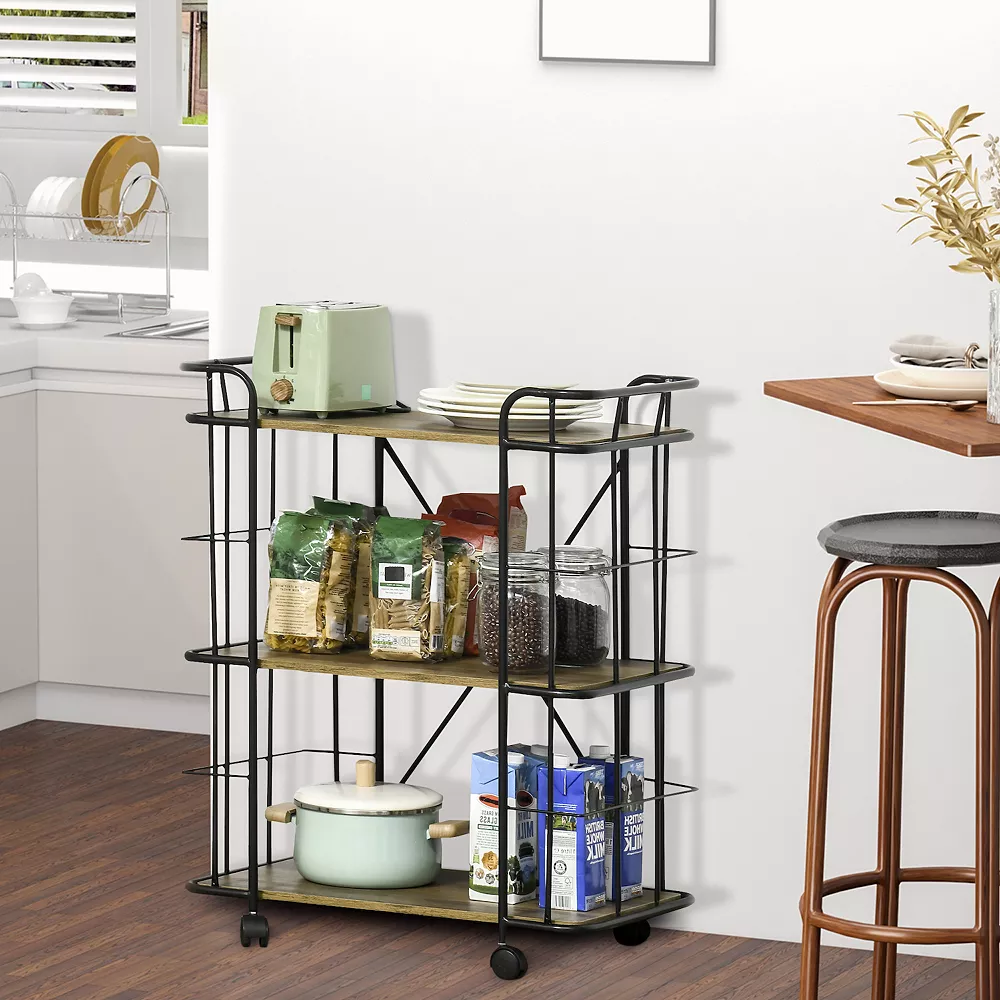 HOMCOM 25" Rolling Kitchen Cart Kitchen Storage Trolley With 3 Shelves For Dining Room Laundry Room And Bathroom Natural 5 HOMCOM 25" Rolling Kitchen Cart Kitchen Storage Trolley With 3 Shelves For Dining Room Laundry Room And Bathroom Natural - Image 3
