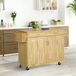HOMCOM Wooden Rolling Kitchen Island Utility Storage Cart On Wheels With Drawers Door Cabinets And Knife Block For Dining Room -The Novogratz Shop 6013571 ALT