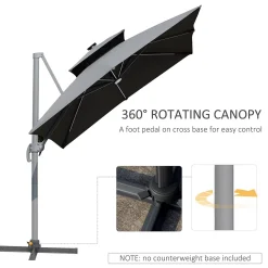 Outsunny 10ft Solar LED Cantilever Umbrella, Offset Hanging Umbrella With 360°Rotation, Cross Base, 8 Ribs, Tilt And Crank For Yard, Garden And Poolside, Khaki -The Novogratz Shop 6013615 ALT3