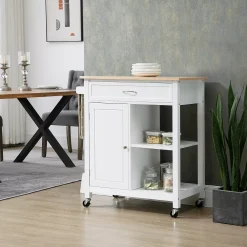HOMCOM Kitchen Trolley Wood Top Utility Cart On Wheels With Open Shelf And Storage Drawer For Dining Room Kitchen White -The Novogratz Shop 6013762 ALT2