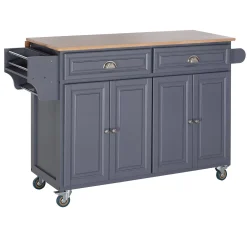HOMCOM Rolling Kitchen Island On Wheels Ultility Cart With Drop Leaf And Rubber Wood Countertop Storage Drawer Door Cabinet Grey
