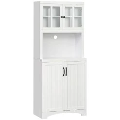 HOMCOM Accent Kitchen Buffet And Hutch Wooden Storage Cabinet With Glass Framed Door And Microwave Space White