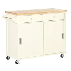 HOMCOM 43" Rolling Kitchen Island Kitchen Storage Cart On Wheels With Sliding Doors Cabinet 2 Drawers And Towel Rack Cream White