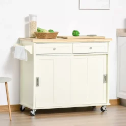 HOMCOM 43" Rolling Kitchen Island Kitchen Storage Cart On Wheels With Sliding Doors Cabinet 2 Drawers And Towel Rack Cream White -The Novogratz Shop 6013793 ALT2