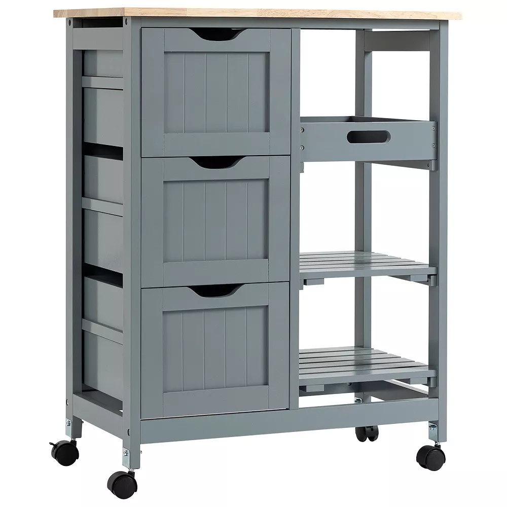 HOMCOM Rolling Kitchen Island Cart Bar Serving Cart Compact Trolley On Wheels With Wood Top Shelves And Drawers For Home Dining Area Grey 4 HOMCOM Rolling Kitchen Island Cart Bar Serving Cart Compact Trolley On Wheels With Wood Top Shelves And Drawers For Home Dining Area Grey - Image 2