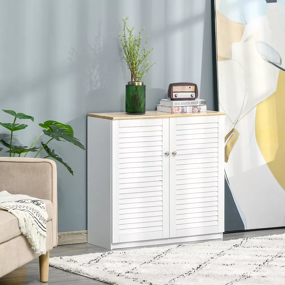 HOMCOM Storage Cabinet Kitchen Sideboard With Louvered Doors Freestanding Floor Cabinet For Living Room Hallway White 4 HOMCOM Storage Cabinet Kitchen Sideboard With Louvered Doors Freestanding Floor Cabinet For Living Room Hallway White - Image 2