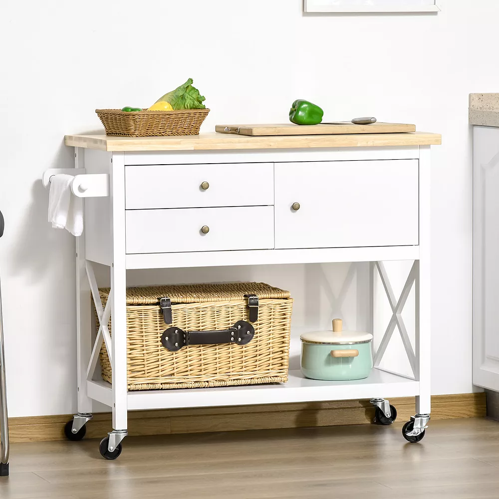 HOMCOM Rolling Kitchen Island Utility Trolley Cart With With Rubberwood Top Storage Cabinet 2 Drawers Towel Rack Grey 4 HOMCOM Rolling Kitchen Island Utility Trolley Cart With With Rubberwood Top Storage Cabinet 2 Drawers Towel Rack Grey - Image 2