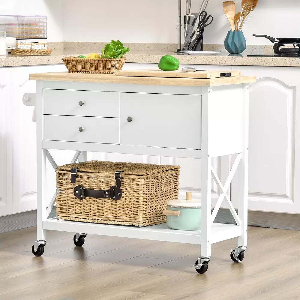 HOMCOM Rolling Kitchen Island Utility Trolley Cart With With Rubberwood Top Storage Cabinet 2 Drawers Towel Rack Grey 5 HOMCOM Rolling Kitchen Island Utility Trolley Cart With With Rubberwood Top Storage Cabinet 2 Drawers Towel Rack Grey - Image 3