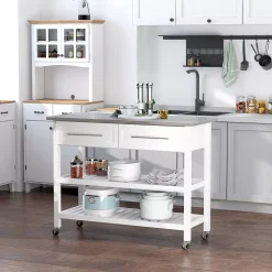 HOMCOM Stainless Steel Top Kitchen Island Rolling Utility Trolley Cart With Stainless Steel Top White -The Novogratz Shop 6014209 ALT