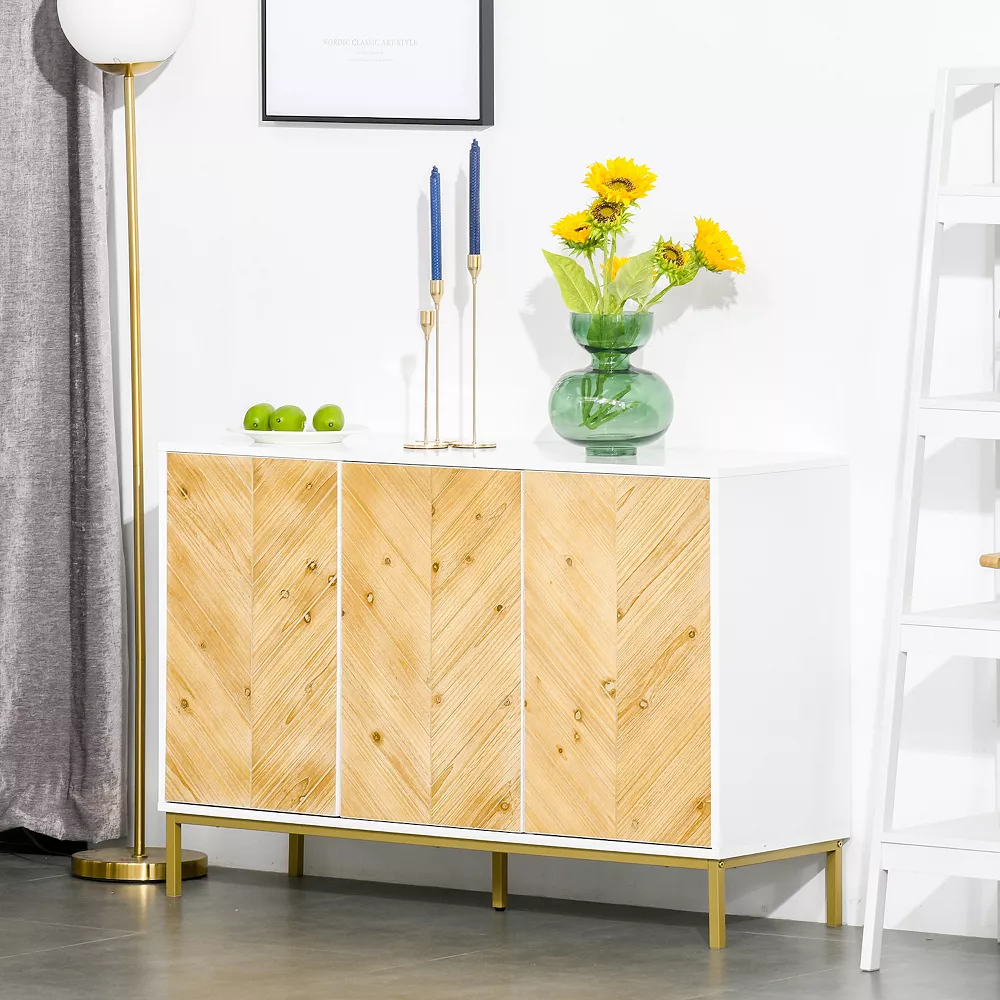 HOMCOM Modern 3 Door Accent Sideboard Storage Cabinet With Chevron Pattern And Adjustable Shelving Natural Wood 4 HOMCOM Modern 3 Door Accent Sideboard Storage Cabinet With Chevron Pattern And Adjustable Shelving Natural Wood - Image 2
