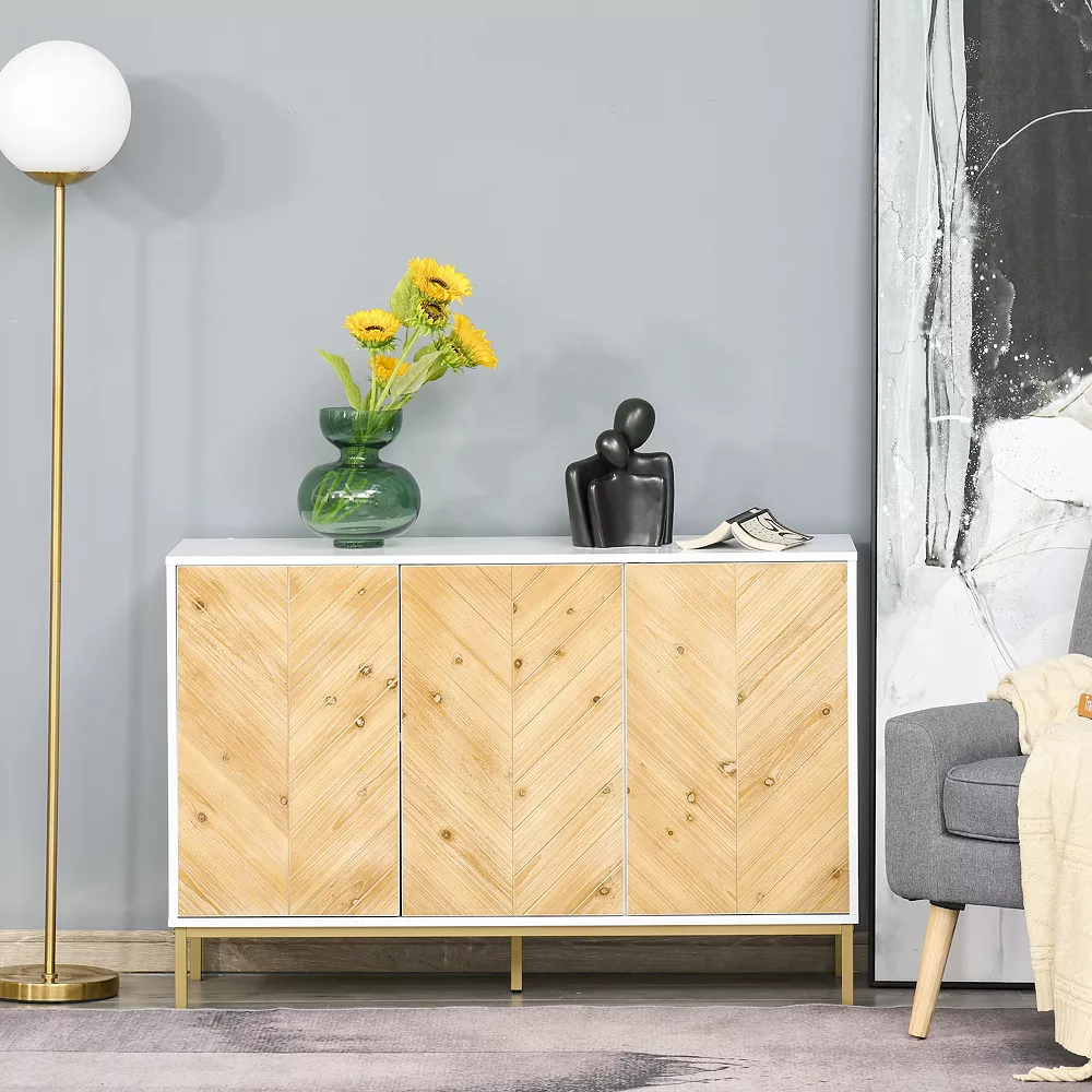 HOMCOM Modern 3 Door Accent Sideboard Storage Cabinet With Chevron Pattern And Adjustable Shelving Natural Wood 5 HOMCOM Modern 3 Door Accent Sideboard Storage Cabinet With Chevron Pattern And Adjustable Shelving Natural Wood - Image 3