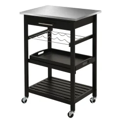 HOMCOM Kitchen Island Cart Rolling Trolley Utility Serving Cart With Stainless Steel Tabletop Wine Rack And Drawer