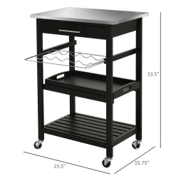 HOMCOM Kitchen Island Cart Rolling Trolley Utility Serving Cart With Stainless Steel Tabletop Wine Rack And Drawer -The Novogratz Shop 6014235 ALT2