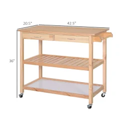 HOMCOM 42" Kitchen Trolley Cart Rolling Island Utility Serving Cart With 2 Drawers And 3 Tier Shelf Pine Wood -The Novogratz Shop 6014242 ALT2