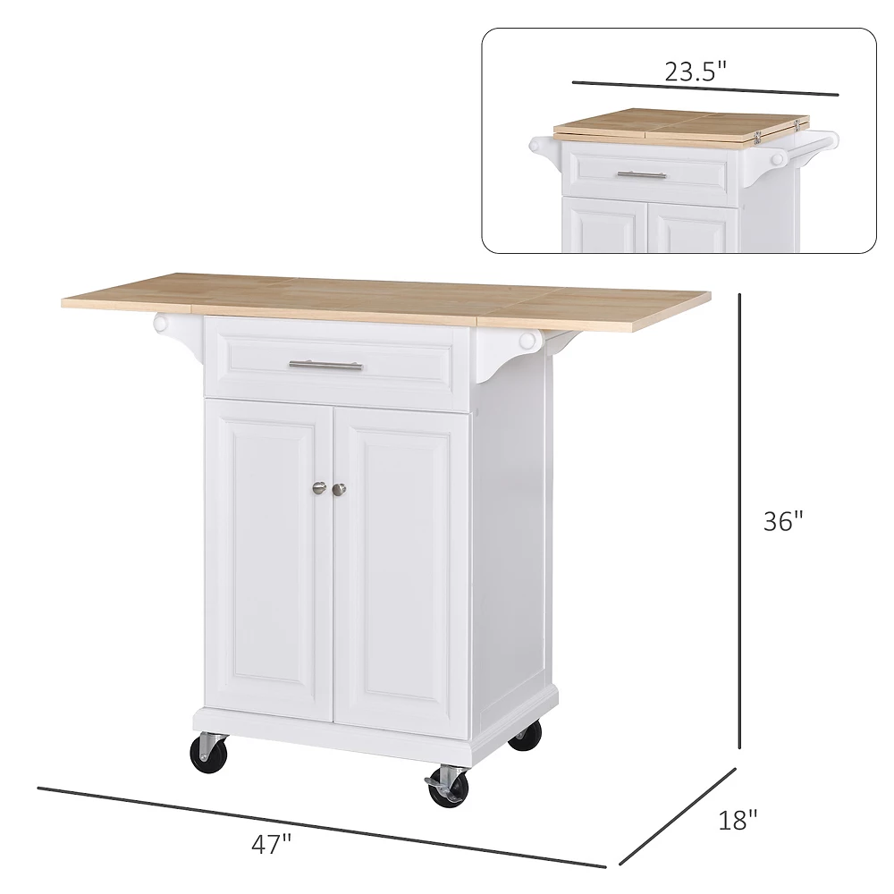 HOMCOM Kitchen Island Trolley Cart On Wheels With Drop Leaf Drawer Cabinet Towel Racks Versatile Use Natural Wood Top And White 5 HOMCOM Kitchen Island Trolley Cart On Wheels With Drop Leaf Drawer Cabinet Towel Racks Versatile Use Natural Wood Top And White - Image 3