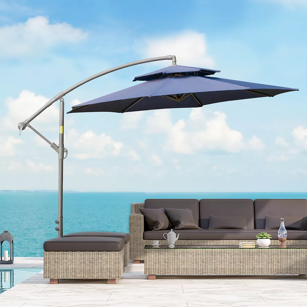 Outsunny 9FT Patio Cantilever Umbrella With Cross Base, Offset Hanging Umbrella With Crank Handle And 8 Ribs For Garden Backyard Beach, Beige 4 Outsunny 9FT Patio Cantilever Umbrella With Cross Base, Offset Hanging Umbrella With Crank Handle And 8 Ribs For Garden Backyard Beach, Beige - Image 2
