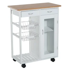 HOMCOM 28" Rolling Kitchen Trolley Serving Cart Storage Cabinet Wood Top With Wire Basket And Glass Door And Drawers White