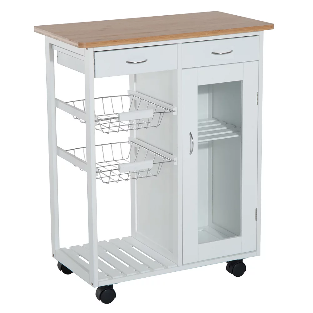 HOMCOM 28" Rolling Kitchen Trolley Serving Cart Storage Cabinet Wood Top With Wire Basket And Glass Door And Drawers White 3 HOMCOM 28" Rolling Kitchen Trolley Serving Cart Storage Cabinet Wood Top With Wire Basket And Glass Door And Drawers White