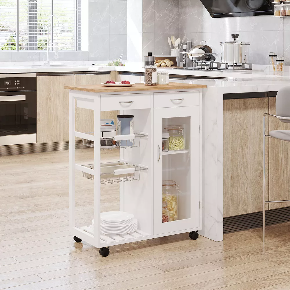 HOMCOM 28" Rolling Kitchen Trolley Serving Cart Storage Cabinet Wood Top With Wire Basket And Glass Door And Drawers White 4 HOMCOM 28" Rolling Kitchen Trolley Serving Cart Storage Cabinet Wood Top With Wire Basket And Glass Door And Drawers White - Image 2