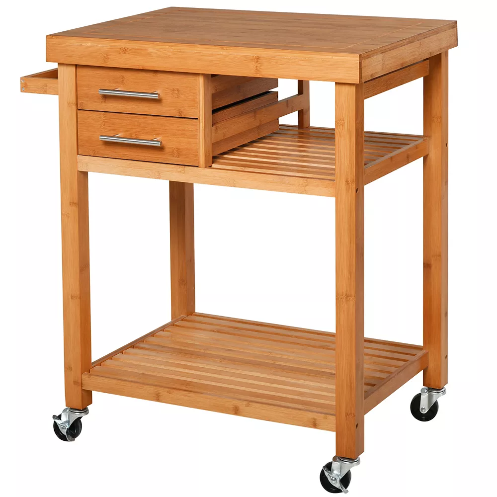 HOMCOM Wood Rolling Kitchen Island Trolley Utility Cart On Wheels 2 Storage Drawers And Open Storage Shelves With Towel Rack 3 HOMCOM Wood Rolling Kitchen Island Trolley Utility Cart On Wheels 2 Storage Drawers And Open Storage Shelves With Towel Rack