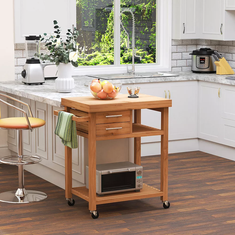 HOMCOM Wood Rolling Kitchen Island Trolley Utility Cart On Wheels 2 Storage Drawers And Open Storage Shelves With Towel Rack 4 HOMCOM Wood Rolling Kitchen Island Trolley Utility Cart On Wheels 2 Storage Drawers And Open Storage Shelves With Towel Rack - Image 2