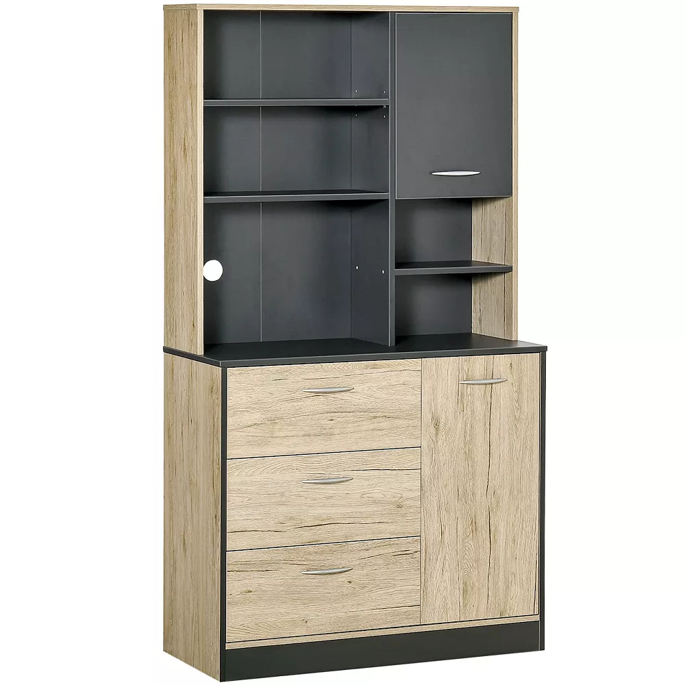 HOMCOM 67" Freestanding Buffet With Hutch Kitchen Pantry Storage Cabinet With 3 Drawers Cable Management 4 Cubes And 2 Cabinets Oak/Grey 3 HOMCOM 67" Freestanding Buffet With Hutch Kitchen Pantry Storage Cabinet With 3 Drawers Cable Management 4 Cubes And 2 Cabinets Oak/Grey