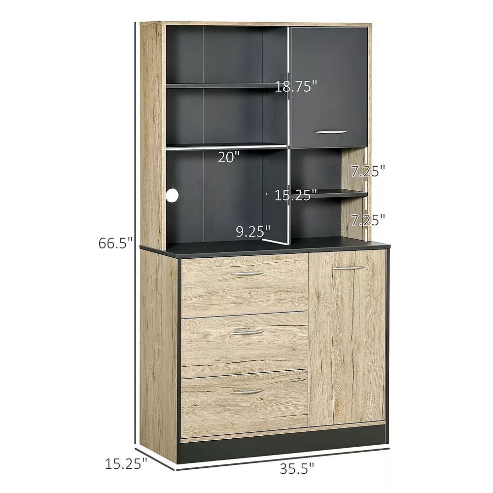 HOMCOM 67" Freestanding Buffet With Hutch Kitchen Pantry Storage Cabinet With 3 Drawers Cable Management 4 Cubes And 2 Cabinets Oak/Grey 4 HOMCOM 67" Freestanding Buffet With Hutch Kitchen Pantry Storage Cabinet With 3 Drawers Cable Management 4 Cubes And 2 Cabinets Oak/Grey - Image 2