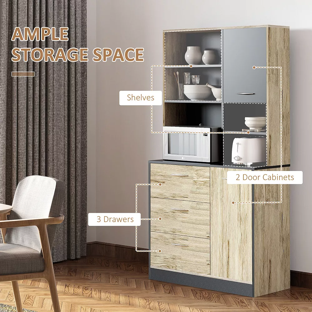 HOMCOM 67" Freestanding Buffet With Hutch Kitchen Pantry Storage Cabinet With 3 Drawers Cable Management 4 Cubes And 2 Cabinets Oak/Grey 5 HOMCOM 67" Freestanding Buffet With Hutch Kitchen Pantry Storage Cabinet With 3 Drawers Cable Management 4 Cubes And 2 Cabinets Oak/Grey - Image 3