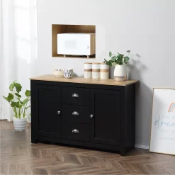 HOMCOM Kitchen Sideboard With Adjustable Shelves Dining Buffet Server Cabinet Console Table With 3 Drawers Black -The Novogratz Shop 6030784 ALT2