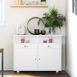 HOMCOM Sideboard Buffet Table Storage Cabinet With Large Tabletop 2 Cabinets 2 Drawers And Crossbar Side Design White -The Novogratz Shop 6030790 ALT