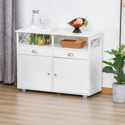 HOMCOM Sideboard Buffet Table Storage Cabinet With Large Tabletop 2 Cabinets 2 Drawers And Crossbar Side Design White -The Novogratz Shop 6030790 ALT2