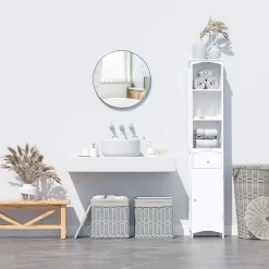 HOMCOM 67" Tall Bathroom Storage Cabinet Freestanding Linen Tower With 3 Tier Shelf Drawer And Cupboard Narrow Side Floor Organizer White -The Novogratz Shop 6030804 ALT2