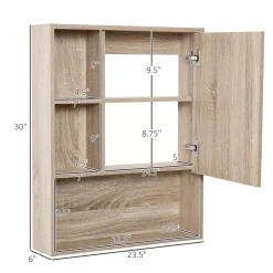 Kleankin Wall Mounted Wooden Bathroom Medicine Cabinet Storage Cabinet With Mirror Glass Door Adjustable Open Shelf Oak Grain -The Novogratz Shop 6030901 ALT