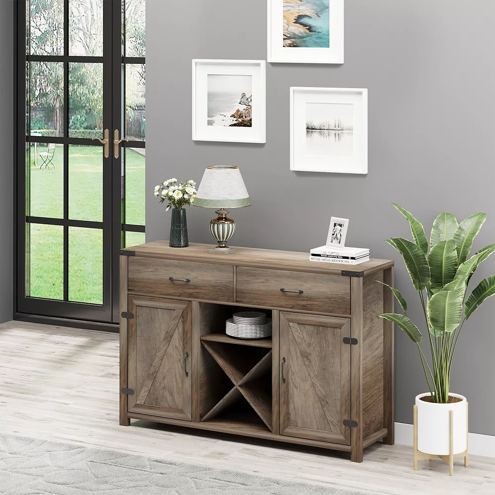 HOMCOM Wooden Farmhouse Sideboard Storage Buffet Cabinet With 2 Large Drawers X Shaped Wine Rack And Cabinets Grey 4 HOMCOM Wooden Farmhouse Sideboard Storage Buffet Cabinet With 2 Large Drawers X Shaped Wine Rack And Cabinets Grey - Image 2