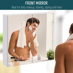 Kleankin Bathroom Mirrored Cabinet 24"x22" Steel Frame Medicine Cabinet Wall Mounted Storage Organizer With Double Doors White -The Novogratz Shop 6030977 ALT2