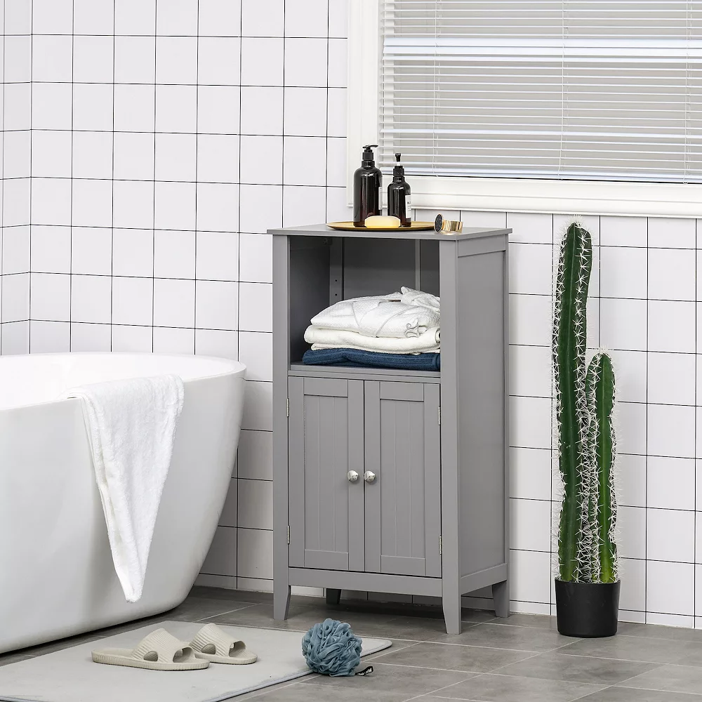 Kleankin Bathroom Floor Cabinet Freestanding Storage Cabinet With 2 Open Shelves Double Doors And 2 Adjustable Shelves Grey 4 Kleankin Bathroom Floor Cabinet Freestanding Storage Cabinet With 2 Open Shelves Double Doors And 2 Adjustable Shelves Grey - Image 2