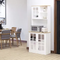 HOMCOM Kitchen Buffet With Hutch Storage Pantry With 3 Cabinets 2 Open Shelves And Large Countertop White -The Novogratz Shop 6031075 ALT2
