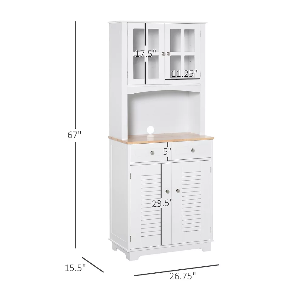 HOMCOM 67" Kitchen Buffet With Hutch Pantry With Framed Doors Louvered Cabinets 2 Drawers And Open Microwave Countertop White 4 HOMCOM 67" Kitchen Buffet With Hutch Pantry With Framed Doors Louvered Cabinets 2 Drawers And Open Microwave Countertop White - Image 2