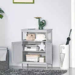 Kleankin Freestanding Modern Bathroom Storage Cabinet With Doors And Open Shelf Bathroom Organizer Furniture Grey -The Novogratz Shop 6031091 ALT2