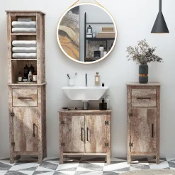Kleankin Wooden Under Sink Bathroom Floor Storage Cabinet With Double Door Space Saver Organizer Barnwood -The Novogratz Shop 6031093 ALT2