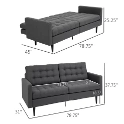 HOMCOM Linen Fabric Convertible Sofa Bed With Button Tufted Back Design Adjustable Angles And Wood Legs Grey -The Novogratz Shop 6031118 ALT2