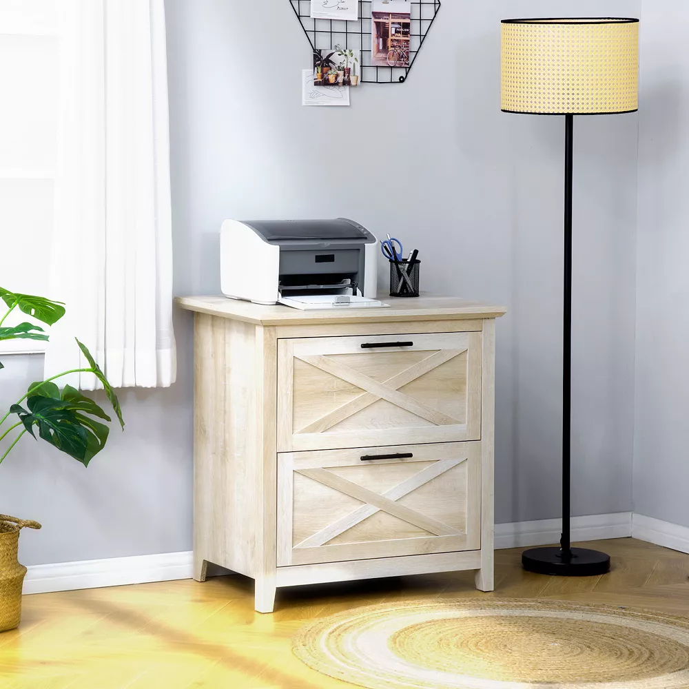 HOMCOM Retro Wooden 2 Drawer Lateral File Chest Cabinet Pedestal For Document Storage With Hanging Bar For Letter/Legal Size White Oak 4 HOMCOM Retro Wooden 2 Drawer Lateral File Chest Cabinet Pedestal For Document Storage With Hanging Bar For Letter/Legal Size White Oak - Image 2