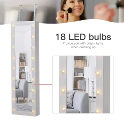 HOMCOM Jewelry Armoire With Mirror And 18 LED Lights Wall Mounted/Over The Door Cabinet With 3 Mountable Heights White -The Novogratz Shop 6031166 ALT2