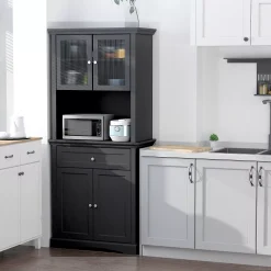 HOMCOM 71" Traditional Freestanding Kitchen Buffet With Hutch Pantry Cabinet With 4 Doors 3 Level Adjustable Shelves And 1 Drawer Black -The Novogratz Shop 6031170 ALT