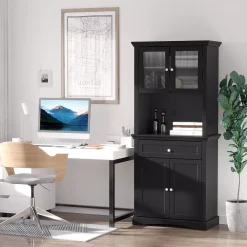 HOMCOM 71" Traditional Freestanding Kitchen Buffet With Hutch Pantry Cabinet With 4 Doors 3 Level Adjustable Shelves And 1 Drawer Black -The Novogratz Shop 6031170 ALT2