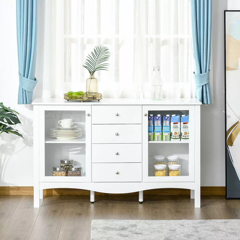 HOMCOM Modern Sideboard Serving Buffet Cabinet Cupboard With Glass Doors Drawers And Adjustable Shelves For Living Room White 4 HOMCOM Modern Sideboard Serving Buffet Cabinet Cupboard With Glass Doors Drawers And Adjustable Shelves For Living Room White - Image 2